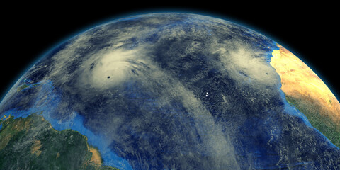 Hurricanes in the atlantic ocean shown from Space. Elements of this illustration are furnished by NASA