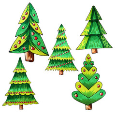 Christmas trees set isolate, watercolor illustration on white background