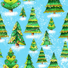Christmas Tree seamless pattern on the blue background