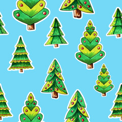 Christmas Tree seamless pattern on the blue background