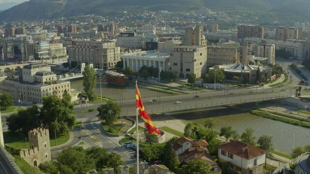 
Aerial view of Skopje Macedonia. Drone flight over Above the towers of the old historic fortress in the city center on the walls of which fly the Macedonian flags.