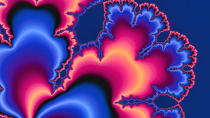 Digitally generated abstract fractal background with soft flowing fantastic colorful shapes on dark blue backdrop