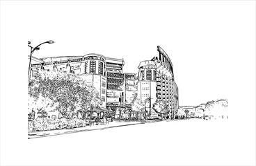 Building view with landmark of Austin is the state capital of Texas, an inland city bordering the Hill Country region. Hand drawn sketch illustration in vector.