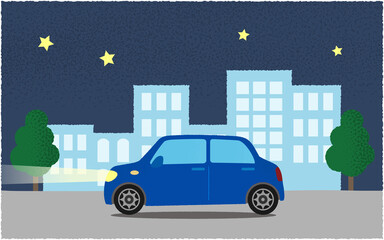 夜、都市の道路を進む青い自動車のベクターイラスト