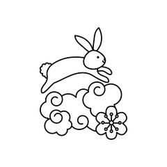 oriental cloud, flower and cute rabbit, line style
