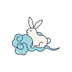 cute rabbit and oriental cloud icon, line fill style