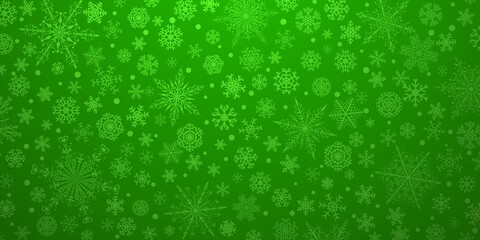 Christmas background of various complex big and small snowflakes, in green colors © Olga Moonlight