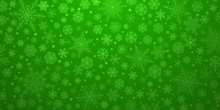 Christmas background of various complex big and small snowflakes, in green colors