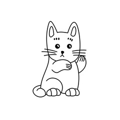 Coloring of Black Cat Waving Cartoon, Cute Funny Character, Flat Design