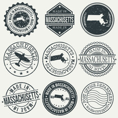 Massachusetts Set of Stamps. Travel Stamp. Made In Product. Design Seals Old Style Insignia.