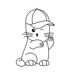 Coloring of Black Cat Wear a Hat While Waving Cartoon, Cute Funny Character, Flat Design