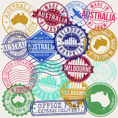 Melbourne Australia Set of Stamps. Travel Stamp. Made In Product. Design Seals Old Style Insignia.