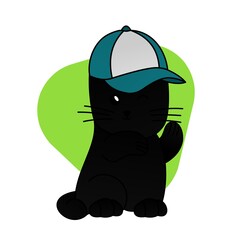 Illustration of Black Cat Wear a Hat While Waving Cartoon, Cute Funny Character, Flat Design