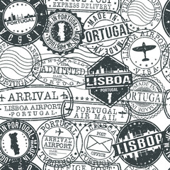 Lisbon Portugal Stamps. City Stamp Vector Art. Postal Passport Travel. Design Set Pattern.