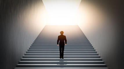 3D illustration businessman walking up stairway. success concept.