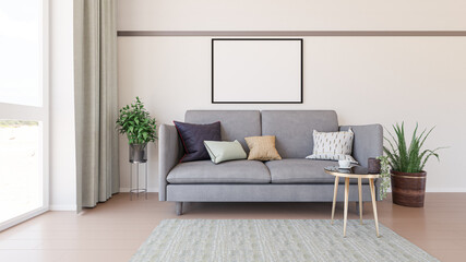 White living room with sofa. 3D render interior.