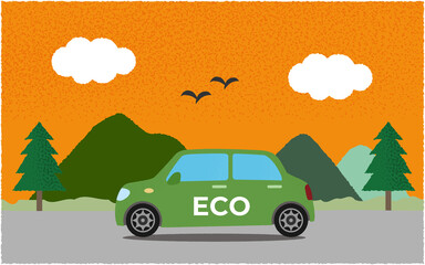 夕方、山沿いの道を進む緑のエコカーのベクターイラスト