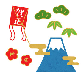 富士山と凧　年賀状素材　正月の挿絵