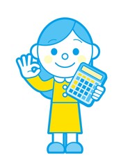 電卓と笑顔の女性 シンプルカラー