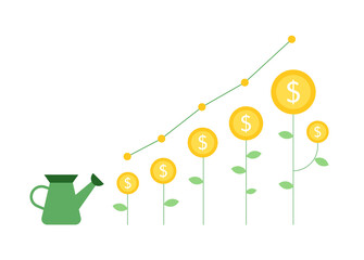 money plant rising with the watering feed, flat design vector illustration