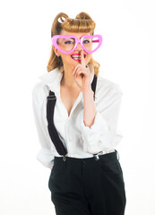 Woman in pink glasses. Romance and naivety. Expectations of young girls and secrets.