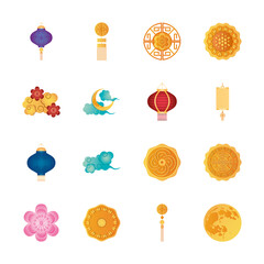 chinese lantern and mid autumn icon set, detailed style