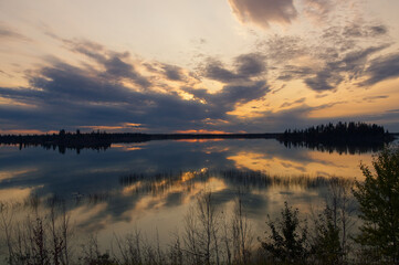 Naklejka na ściany i meble Colorful Sunset over Astotin Lake, Elk Island National Park