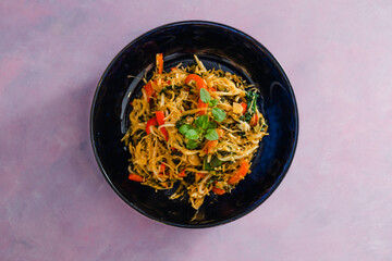plant-based food, vegan stir fry with bean sprouts and vermicelli noodles