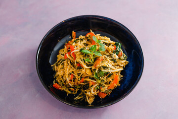plant-based food, vegan stir fry with bean sprouts and vermicelli noodles