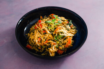 plant-based food, vegan stir fry with bean sprouts and vermicelli noodles