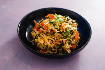 plant-based food, vegan stir fry with bean sprouts and vermicelli noodles