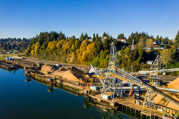 Aerial photo of a large saw mill in Coos Bay, Oregon.