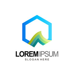 hexagon and wave logo in gradient color, vector design