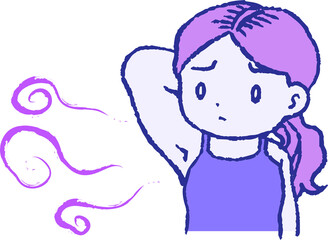 Purple Woman suffering from armpit odor