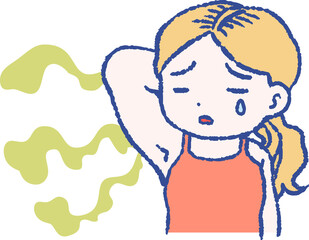 Woman suffering from armpit odor