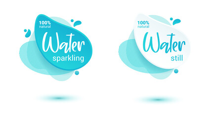 Mineral water tag. Blue label and stikers emblem with drops of water for web and print tag.Still and sparkling water label set. Vector illustration for you design.