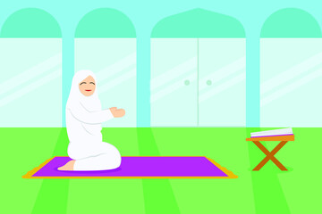 Muslim praying vector concept: Side view of woman sitting in the mosque while praying to her GOD