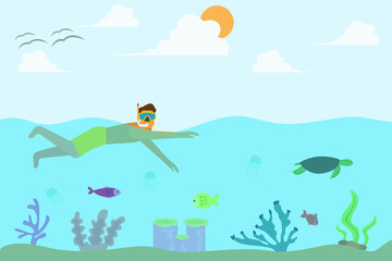 Snorkeling vector concept: Young man enjoying vacation by snorkeling in the sea with fish and turtle
