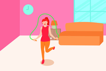 Exercising at home vector concept: Woman doing workout with a skipping rope at home