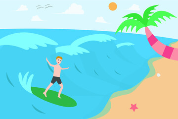 Summer holiday vector concept: Young man enjoying holiday by surfing on the wave at beach