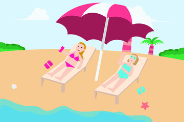 Obraz na płótnie Canvas Summer holiday vector concept: Two young women relaxing on the beach chair while sunbathing together 