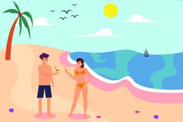 Obraz na płótnie Canvas Summer vacation vector concept: Young couple cartoon enjoying fresh drink while wearing swimsuit on the beach