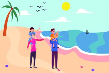 Family vacation vector concept: grandparents and grandchild standing together in the beach