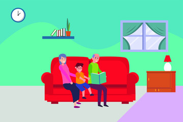 Happy grandparents with grandson vector concept: Grandparents and grandson reading a storybook while sitting on the sofa