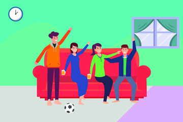 Friendship vector concept: Group of happy people watching football match on TV while sitting on the sofa at home