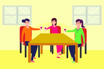 Friendship vector concept: Group of three women drinking wine and cheering together
