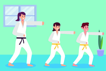 Martial art vector concept: Trainer teaching kids karate by punching