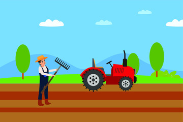 Agriculture vector concept: Farmer holding a rake with a tractor background at farmland