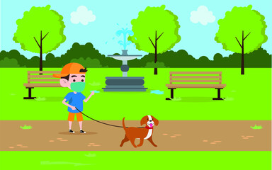 Obraz na płótnie Canvas New Normal activity vector concept: Little boy walking with his dog while wearing face mask at the park after covid-19 outbreak