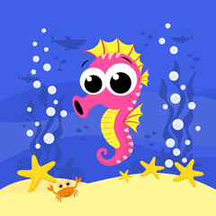 Fototapeta na wymiar cute baby seahorse cartoon illustration with bubbles and under the sea background. Design for baby and child